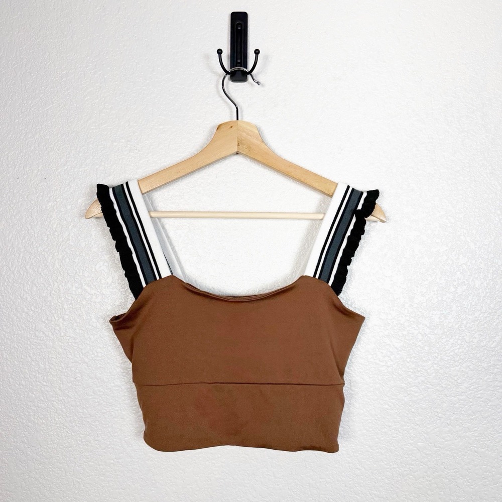 Free People Movement Time Out Tank Size M Brown Ruffle Strap Active Crop Bra Top